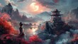 Featuring ancient Chinese architecture an artificial city in the moonlight