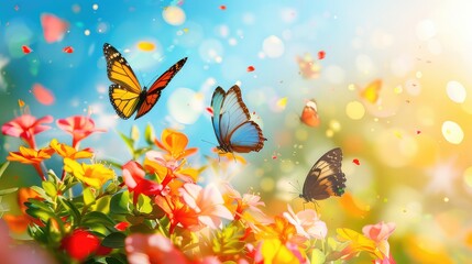  Meadow filled with colorful butterflies alighting on freshly bloomed flowers