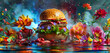 Hamburger in the vein of subdued romance, vivid detail, a merger of land and sea, vivid flowers, light yellow, and azure.