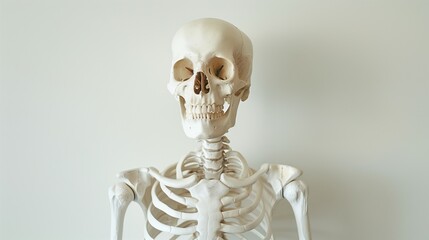 Craft a detailed and anatomically accurate representation of a human skeleton placed against a pristine white background 