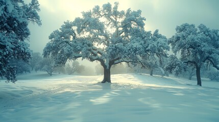 Poster -  A serene winter scene featuring a solitary tree in the focal point and warm sunlight filtering through the trees in the distance