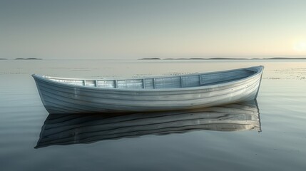 Canvas Print -   A small boat floats on a lake beside lily-covered shore and an island in the distance