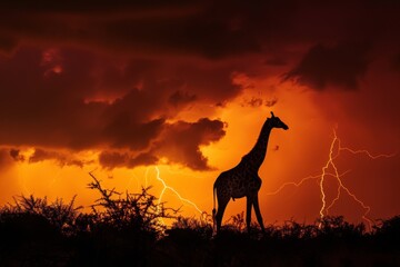 Wall Mural - Giraffe Silhouette Against Fiery Sky with Lightning. 