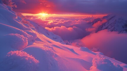 Wall Mural - the sun sets above clouded skies over a snow-covered mountain range viewed from a snowy mountaintop