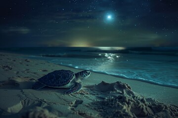 Wall Mural - Sea Turtle on Moonlit Beach Under Starry Sky. 