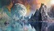 Majestic alien landscape with giant moon and fiery sky over tranquil waters