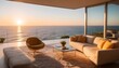 Contemporary living room overlooking the ocean. The concept of exotic luxury living on the ocean coast.
