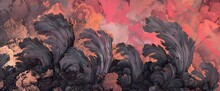 Charcoal Gray Plumes Creating Intricate Patterns Over A Surreal Dreamscape Of Magenta And Copper.
