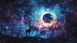 Deer and birds watching a solar eclipse, in watercolor, intense saturation, wide lens, on a rich, blue and purple canvas