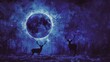 Deer and birds watching a solar eclipse, in watercolor, intense saturation, wide lens, on a rich, blue and purple canvas