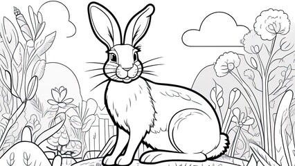 Wall Mural - Rabbit coloring book. Creative coloring page design for adult and children. Black and white illustration.