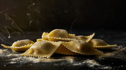 Steaming ravioli on dark background with dusting of flour, dramatic and moody culinary scene.
