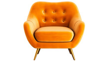 Cozy Puffy Armchair Art Deco Style In Orange Velvet On Gold Legs With Clipping Path Isolated On White Background