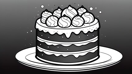 Wall Mural - A simple cake with an ornament, layers, decoration. Hand drawn illustration, black lines on white, Doodle, sketch.Cute coloring book for children.