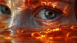   Close-up portrait of a female subject, her eyes focused intently while fire patterns are intricately designed on her face, capturing the essence of emotion in every expression A gentle