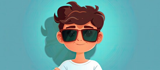 Wall Mural - A cartoon boy with azure sunglasses, a white shirt and a big smile. His hair is styled neatly, complementing his stylish eyewear and carefree expression