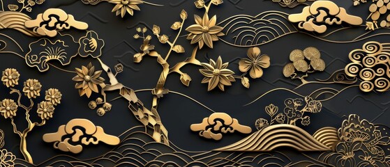 Sticker - Symbols of flowers, leaves, and trees. Black and gold modern template.