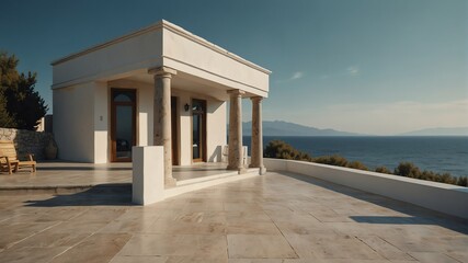 Wall Mural - greek luxury villa house on the beach in summer front porch facade view with sea on background from Generative AI