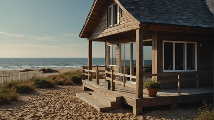 Wall Mural - modern cottage house on the beach in summer front porch facade view with sea on background from Generative AI