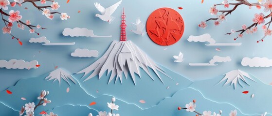 Aufkleber - This is a Japanese template modern with a blue background with Japanese icons. It has elements such as bamboo, sun, clouds, cherry blossoms, birds, pine trees, and Fuji mountains.