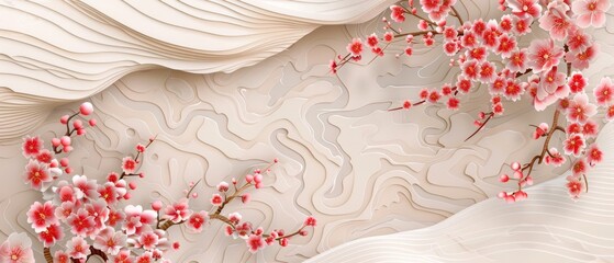 Poster - Template modern with cherry blossoms and a Japanese wave background. Geometric elements.