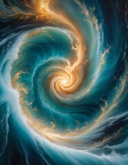 Wall Mural - An abstract representation of a swirling ocean in tumult, blending shades of blue with highlights of gold