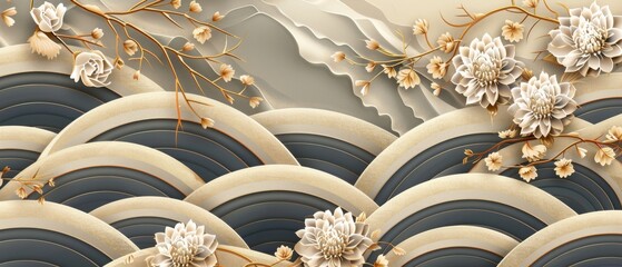 Aufkleber - The seamless pattern is a Japanese design with Chrysanthemum flower moderns set on a geometric background with bamboo, wave and floral elements in a vintage style.