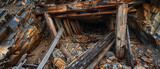 Fototapeta Natura - Old broken wooden beams clutter the destroyed shaft of an ancient historic gold mine