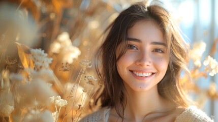 Canvas Print -   A portrait of a woman smiling with a bouquet of flowers nearby