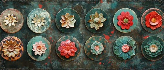 Poster - Flower icons set in Japanese style. Grunge texture modern. Colorful floral pattern on vintage style. Logo design.