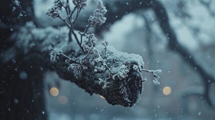 Wall Mural -   A close-up of a tree covered in snow with lights in the distance background