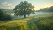   A tree stands tall in a field, surrounded by a winding path in the foreground Behind it, a foggy sky obscures the horizon