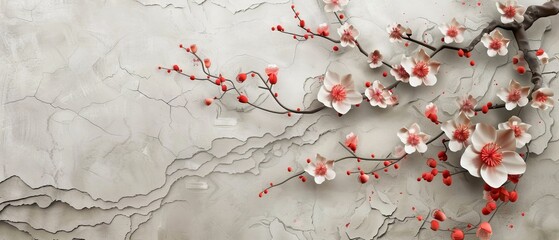 Poster - An Asian banner with a Japanese floral background modern. Vintage traditional template design. Abstract pattern and template. A floral card set with a hand-drawn tree element.