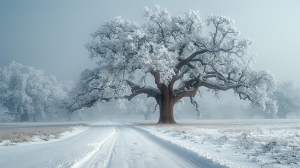 Sticker -   A tall tree on a winter road, surrounded by fields and flanked by trees on both sides