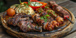 Wooden plate with Turkish mixed grilled meat, chicken wings, lamb, beef kebab, kebab, peppers on charcoal grill in restaurant