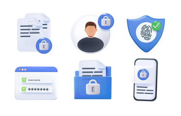 Poster - safety, security, protection 3d icons. secure internet presence icons. safe interactions, protected 