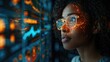 Woman with glasses intensely analyzing financial risks digital data visualization holographic, thinking over bank strategy working in office. Focused Analyst Reviewing Data on Multiple Screens