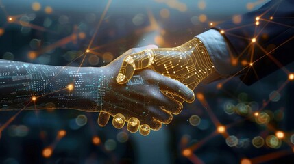 Poster - AI and machine learning collaboration depicted through human-digital handshake.
