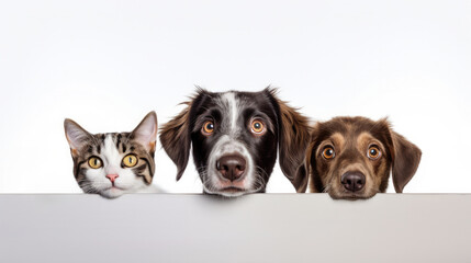 Wall Mural - Surprised dog and cat peeking behind a white banner on a white background. Poster mockup for a veterinary clinic or pet store. Pet shocked by discounts on seasonal sales.