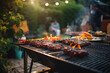 Meat and vegetables are roasting on a barbecue grill with a backyard party in the background.