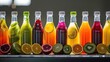 Colorful bottles filled with juice and fresh fruit