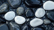 Optical white riverbed stones arranged to guide water flow, serene, shadow play