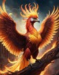A majestic phoenix spreads its fiery wings, rising from the ashes in a powerful, mythological illustration
