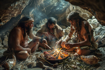  Tribe of Prehistoric Hunter-Gatherers Wearing Animal Skins Grilling and Eating Meat in Cave.