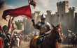 Medieval knights jousting in front of a castle, crowds cheering, colorful banners fluttering in the wind
