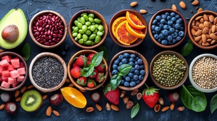 Wall Mural -   A colorful array of fruits, veggies, and nuts displayed on a dark surface against a blue background