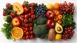   Fruits and vegetables arranged on a white background, featuring broccoli, oranges, apples, and grapes