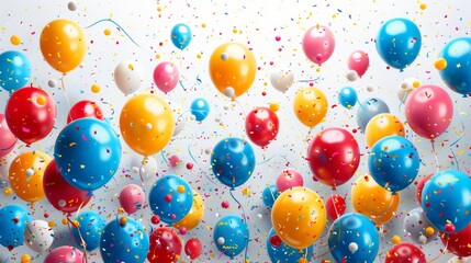 Poster -   A white wall serves as a tranquil backdrop to an array of colorful balloons, confetti, and streamers in flight