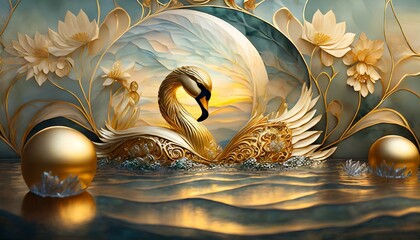 Wall Mural - golden swan in the water