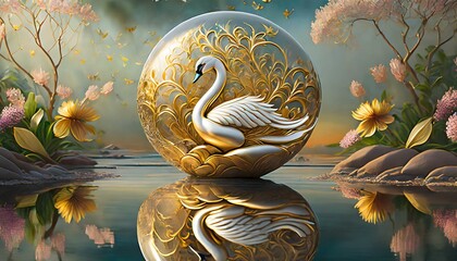 Wall Mural - golden swan in the water